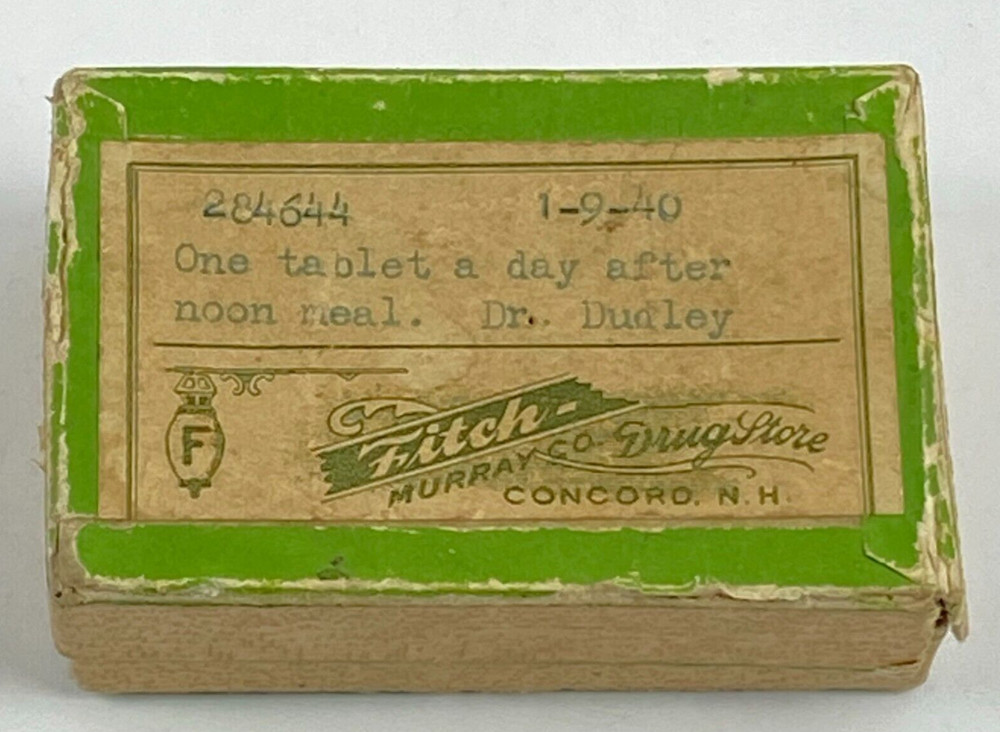 1940 Prescription Medicine Pill Box Fitch Murray Drug Store Concord NH Vintage