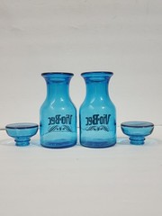 Vtg Set 2 Blue Glass Apothecary Jar Bottle Bubble Lid Belgium Gold Vio-Bec *Q