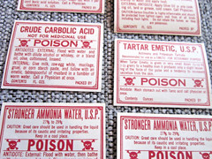 Lot of 6 Vintage Pharmacy Poison Unused Bottle Labels