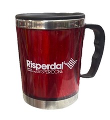 RARE Pharma Drug Rep Red Risperdal Coffee Mug & Lid To Go Cup Plastic & metal