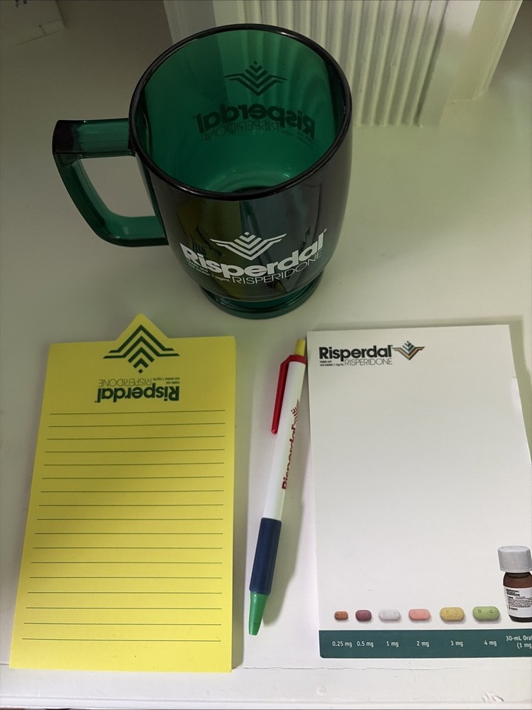 Early 2000s RARE risperdal drug rep merch comes with Mug, pen, & two note pads