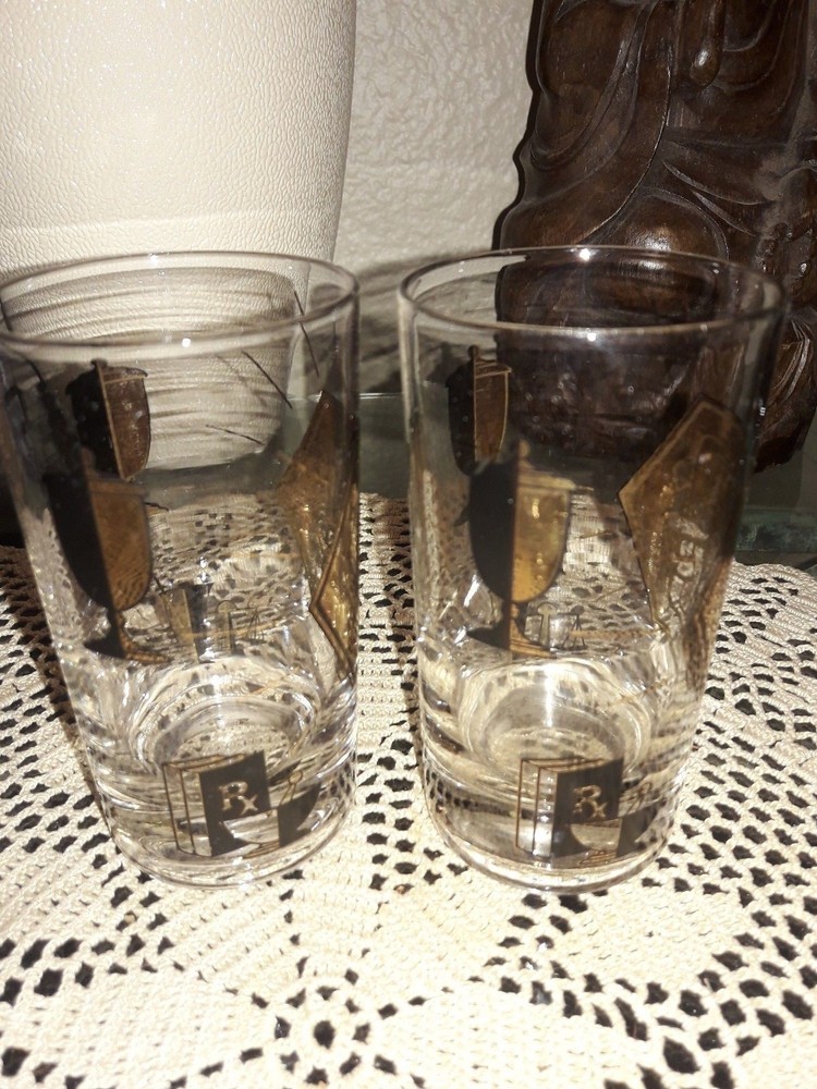 2 Vtg Modern Mid Century Rx Drinking Glasses Gold Plated Pharmacy, Apothecary