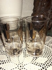 2 Vtg Modern Mid Century Rx Drinking Glasses Gold Plated Pharmacy, Apothecary