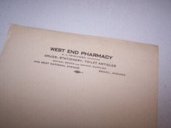 Vintage WEST END PHARMACY Blank Stationary Page BRAZIL INDIANA – H.L. NEIDLIMGER