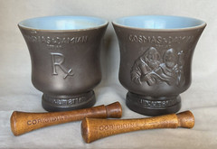 Pair- Schering 1966 Coricidin Cosmas & Damian Ceramic Mortar & Pestles 5″ tall