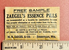 Antique Sample Historical Medicine ZAEGEL’S ESSENCE PILLS LAXATIVE Sheboygan WIS