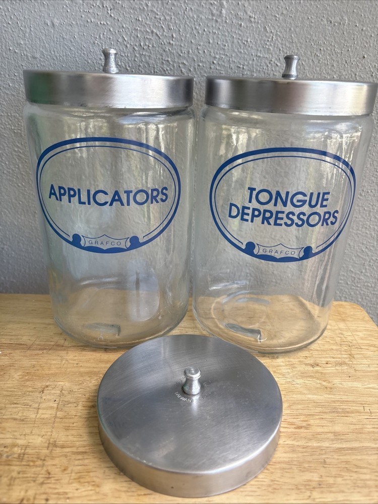 2 Grafco Glass Blue Letter Apothecary Jars Stainless Lid Vtg Applicators Tongue