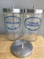 2 Grafco Glass Blue Letter Apothecary Jars Stainless Lid Vtg Applicators Tongue