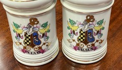 Pair Vintage Porcelain Apothecary Jar Latin Pulvis & Salsus Gold Rim DOM Japan