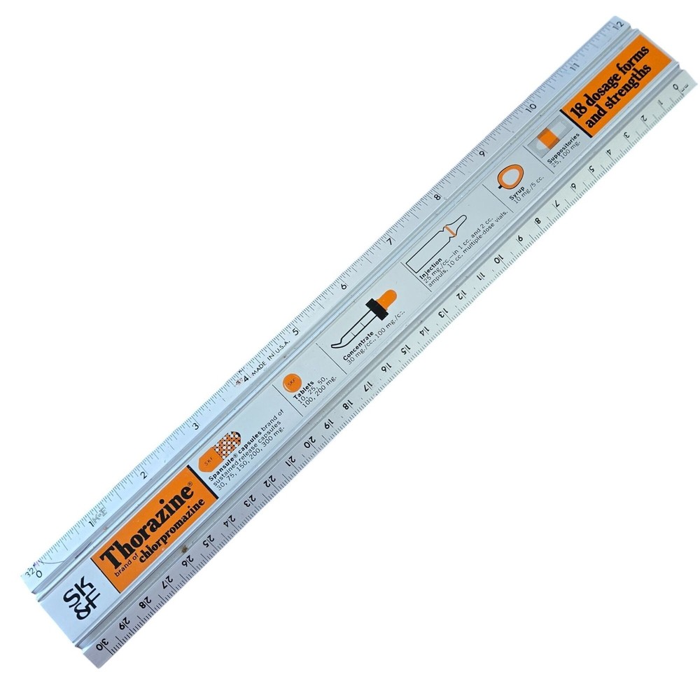 Vtg 60s SK&F Thorazine Metal 12″ Ruler Antipsychotic Medication Advertising SKF