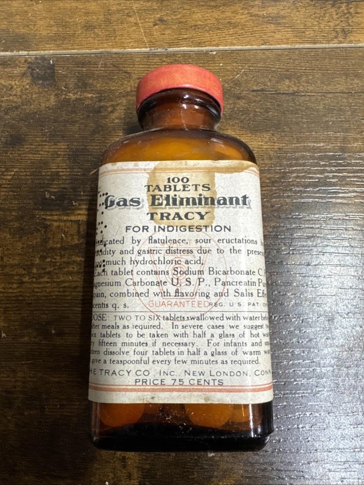 TRACY GAS ELIMINANT TABLETS Expired Obsolete VINTAGE Collectible MEDICINE BOTTLE