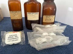 3 Vintage Brown glass bottles from Arcade Pharmacy Mattoon, IL Geo Bennett RPh