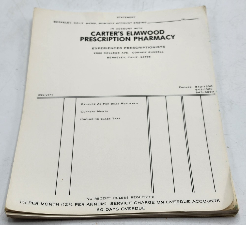 VINTAGE Blank PRESCRIPTION Receipts Carter’s Elmwood Pharmacy Berkeley CA 1960s