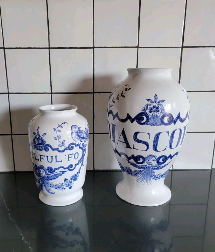 2 Vintage Lilly Pharmaceuticals-Apothecary Jar 1989 Blue/White Pottery Portugal