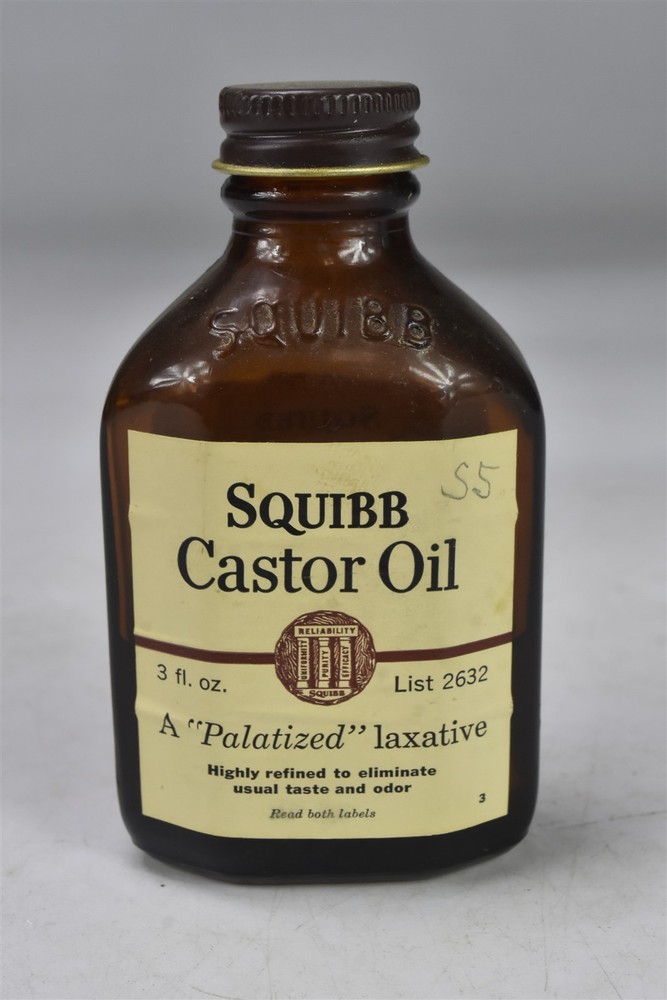 Vintage SQUIBB CASTOR OIL BROWN MEDICINE BOTTLE #07917