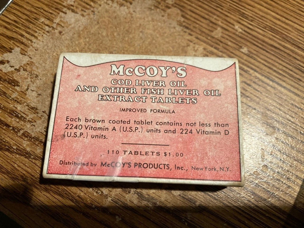 Ca. 1940-50s Vintage McCoy’s Cod Liver Pills Cardboard Box w/ Product Inside