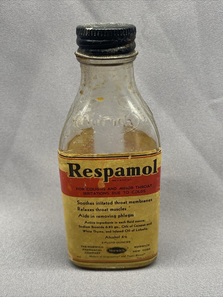 VINTAGE RESPAMOL PHARMACY MEDICINE GLASS BOTTLE 5.25″ NORWICH NEW YORK
