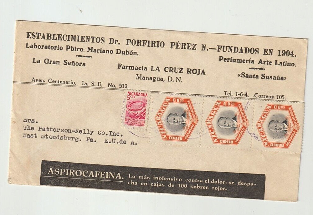 Nicaragua 1950’s PHARMACEUTICALS – Drugs, Medicines Advertising Cover US