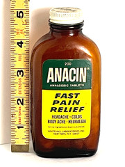 Vin. 1979 ANACIN Analgesic 200 Tablets Brown Glass Bottle Metal Cap, Paper Label