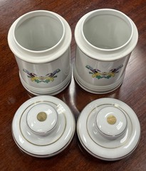Pair Vintage Porcelain Apothecary Jar Latin Pulvis & Salsus Gold Rim DOM Japan