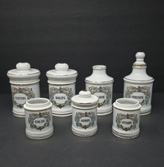 Vintage Porcelain Apothecary Medicine Jar Set Salts Cologne Gauze Perioxide