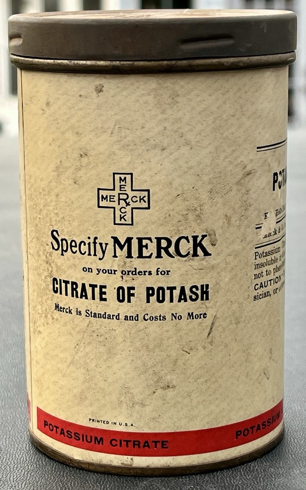 Antique Pharmaceutical „Specify Merck“ CITRATE OF POTASH 5″ Paper & Metal Can