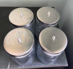 Set of 4 Medical Sundry Glass Jar, 4-inch outside diameter, used. LOT