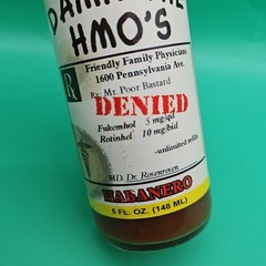 Rare Pharmaceutical Drug Rep Hot Sauce Bottle „Damn The HMO’s“ Habanero 5 Oz