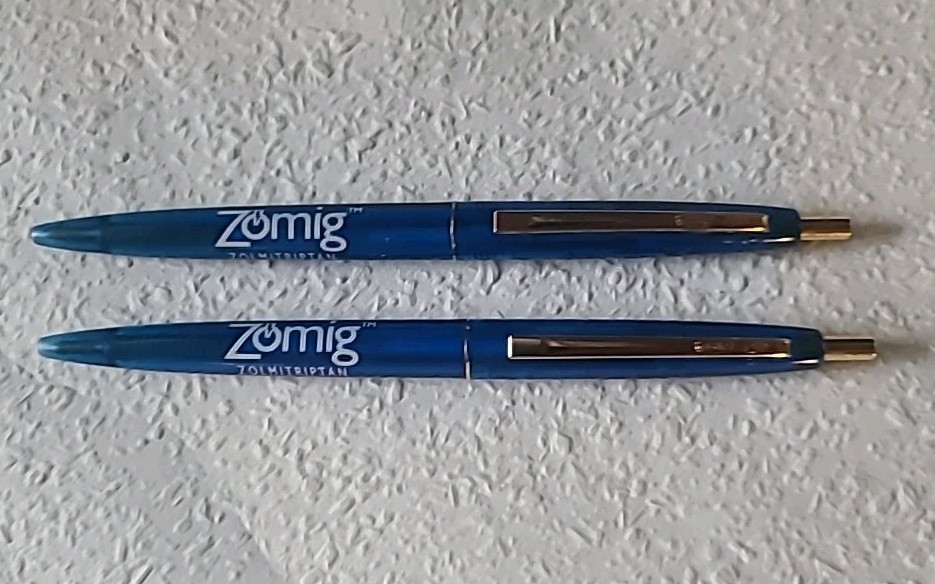 (2) ZOMIG drug promotional Blue Gold BIC CLIC Ballpoint Pen Pharmaceutical Adver