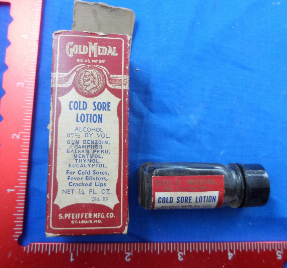 Vintage Medicine Bottle in Box Gold Medal Herpes Cold Sore Lotion 2-1/4″