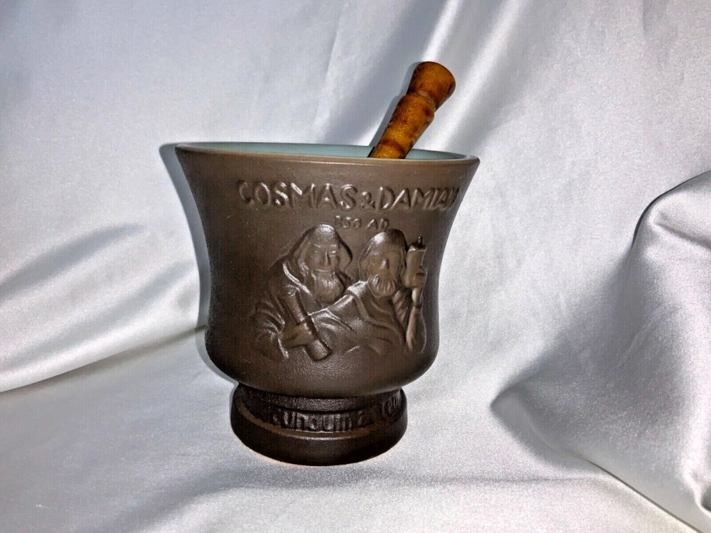 COSMAS & DAMIAN Pharmacy Motar & Pestle Porcelain RX wood Pestle CORICIDIN