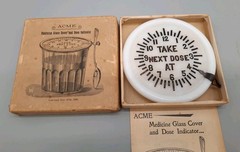 Vintage Acme Milk Glass Tumbler Cover Dose Indicator Spoon Holder 1896
