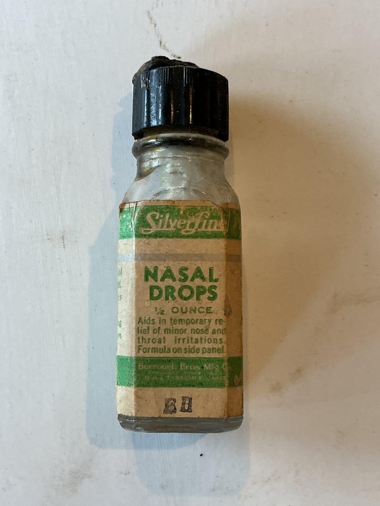 Vintage Silverfin Nasal Drops Bottle 1/2 Ounce Burrough Bros Baltimore USA