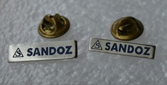 SANDOZ Pharmaceutical 2x small vintage pin badges LSD Albert Hofmann