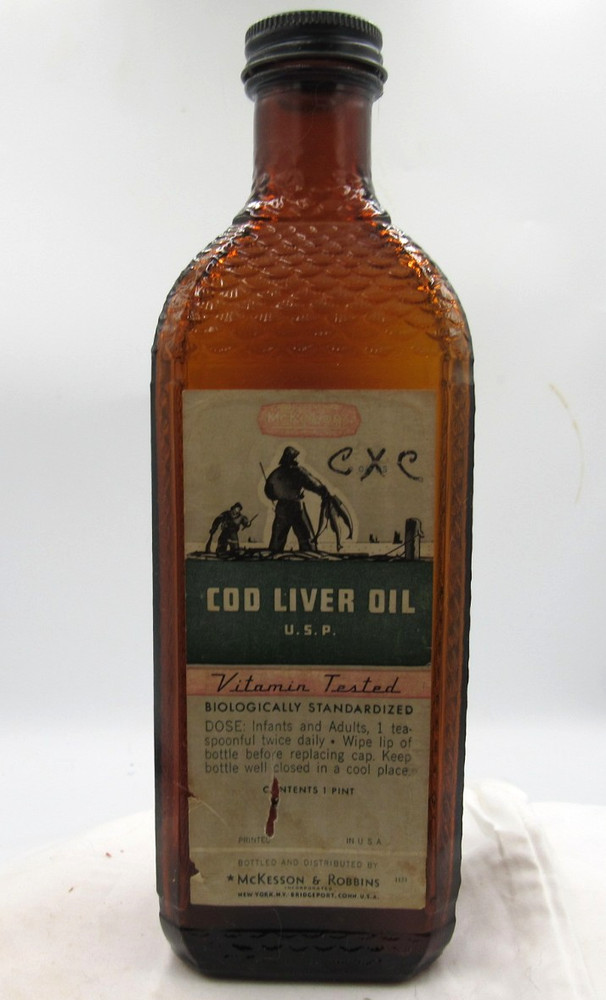 1930’s McKesson & Robbins New York Cod Liver Oil FISH 9″ Amber Medicine bottle