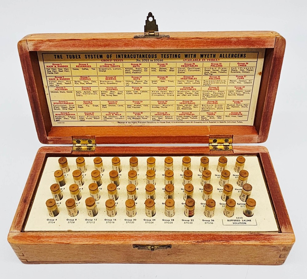 Wyeth Allergy Test Kit Vintage Extracts 1955 Intracutaneous Wood Box + 44 Vials