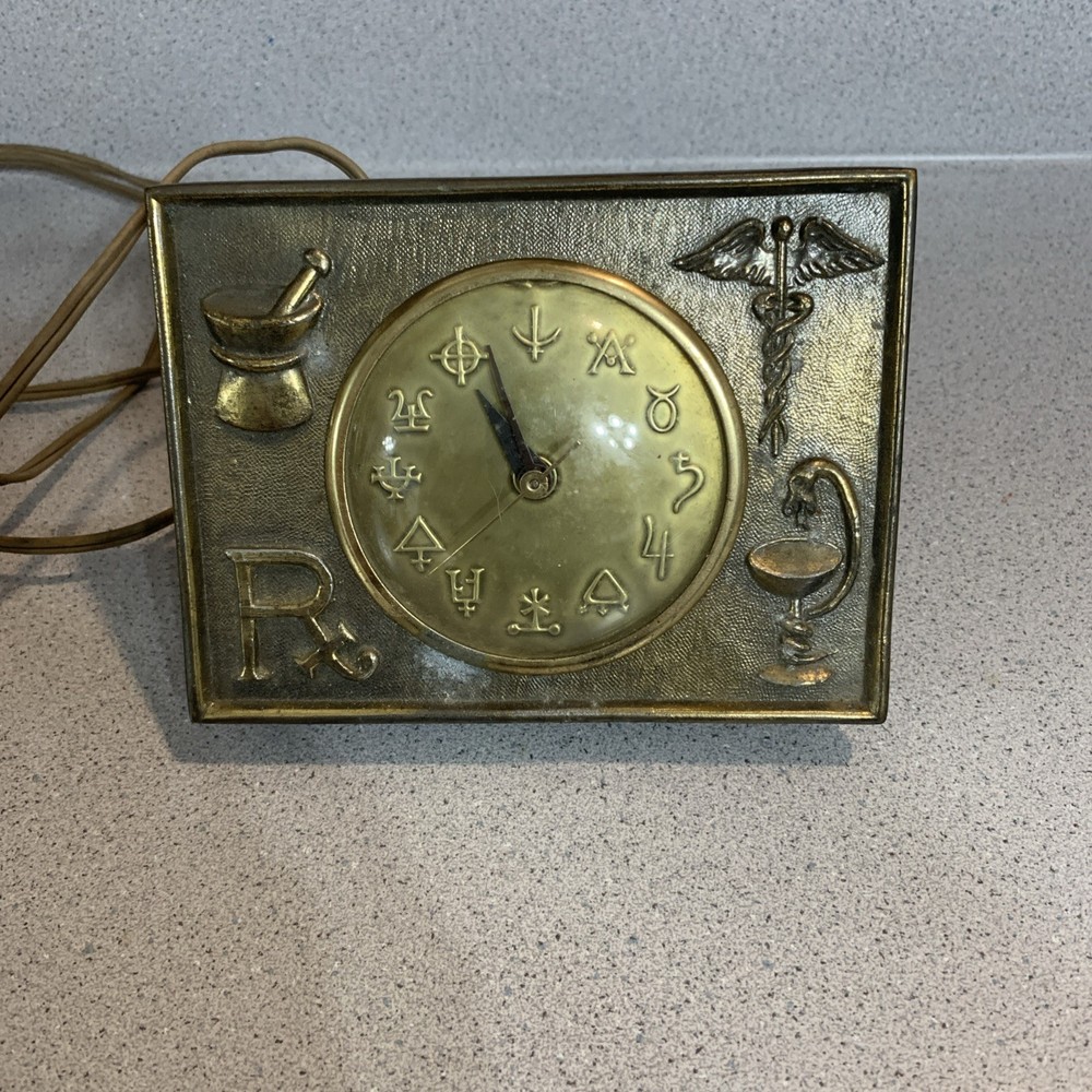 Vintage APOTHECARY RX Alchemy Symbols Metal Electric CLOCK WORKS! Rare GERMANY