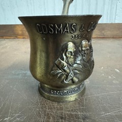 Vtg CORICIDIN Advertising Motor & Pestle Apothecary / Pharmacy – Cosmas & Damian