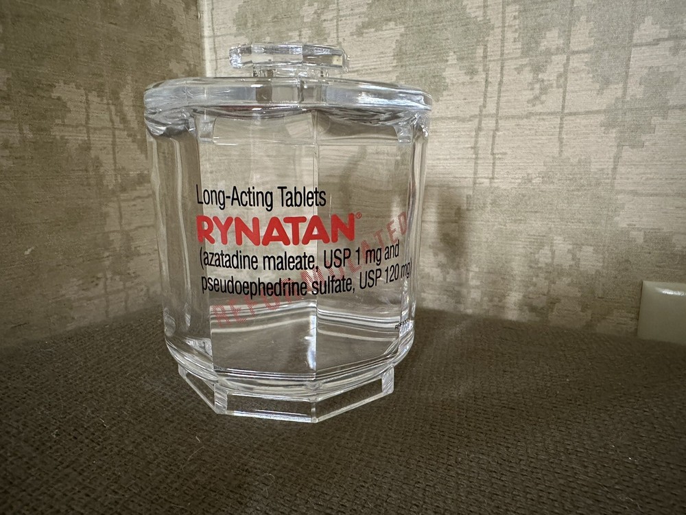 Vintage Ryatan Clear Acrylic Storage Container Drug Rep Ad 4.5” Tall