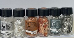 Gold Platinum Palladium Silver Tin Copper Foil / Leaf in Labeled Element Bottles