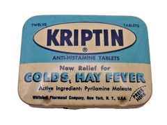 Vintage Kriptin Anti-Histamine Tablets Sm Metal Tin Whitehall Pharmaceutical NY