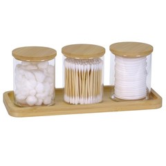 INIUNIK Qtip Holder with Vanity Tray, 3 Pack Glass Apothecary Jars with Lids,…