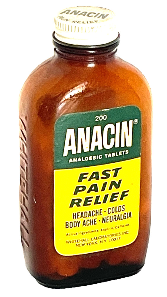 Vin. 1979 ANACIN Analgesic 200 Tablets Brown Glass Bottle Metal Cap, Paper Label