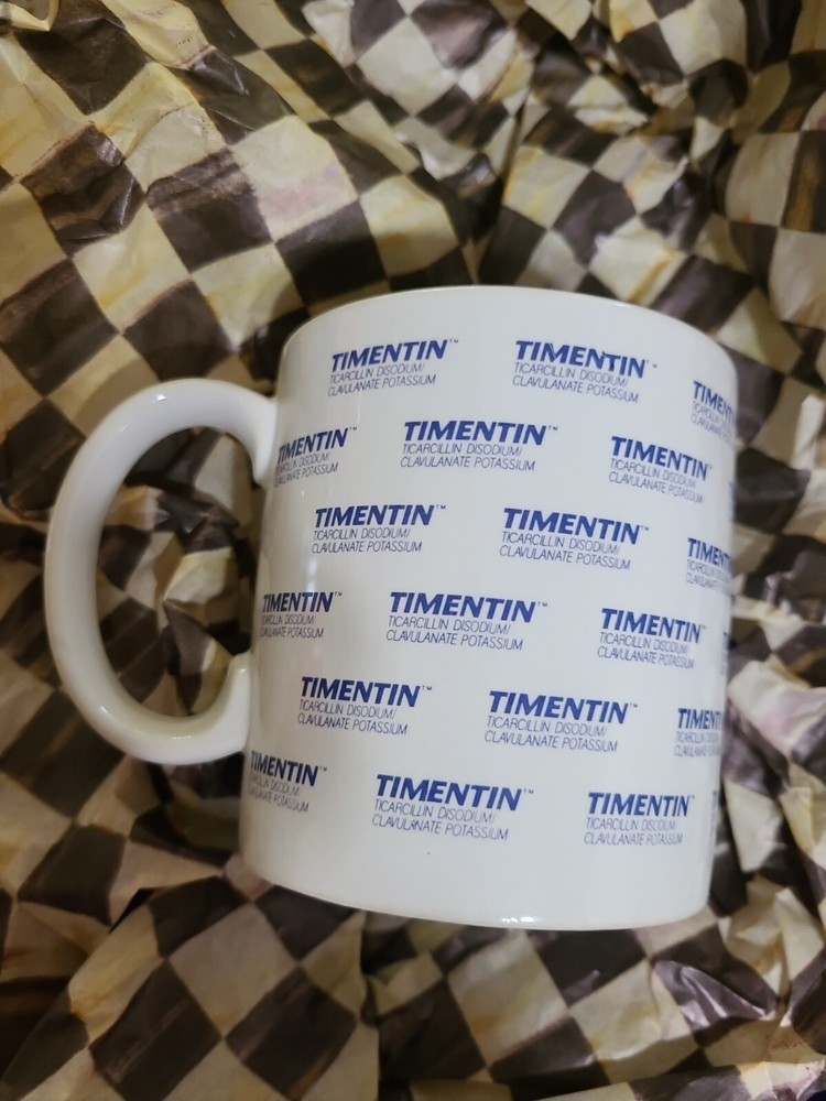 Timentin Antibiotic Pharmaceutical Advertising Blue White Ceramic Coffee Tea Mug