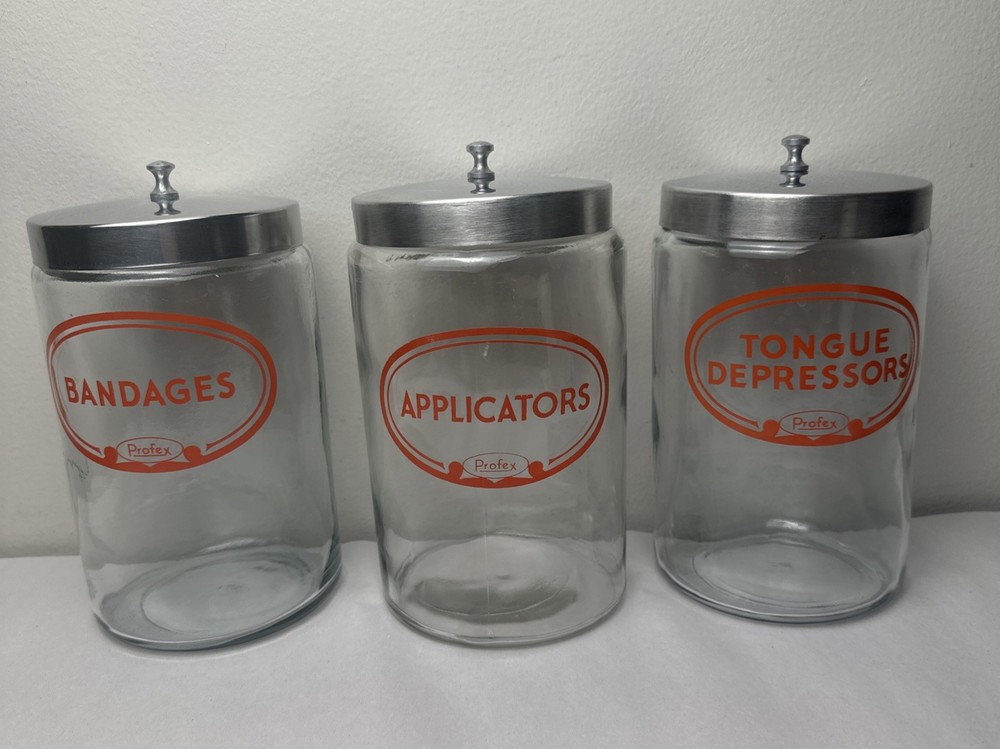 Vintage Medical Doctor’s Office Glasco Profex Glass Jars W/Lids. Set of 3, 1268