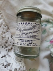 Vtg Pharmacy Product Jars Clear Glass, With Labels, Group Of Five