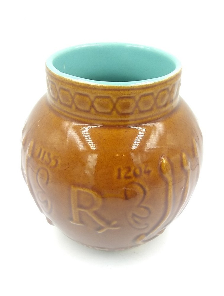 Vintage Schering Pharmacy RX jar crock Brown turquoise Mortar Vase Pottery 5″