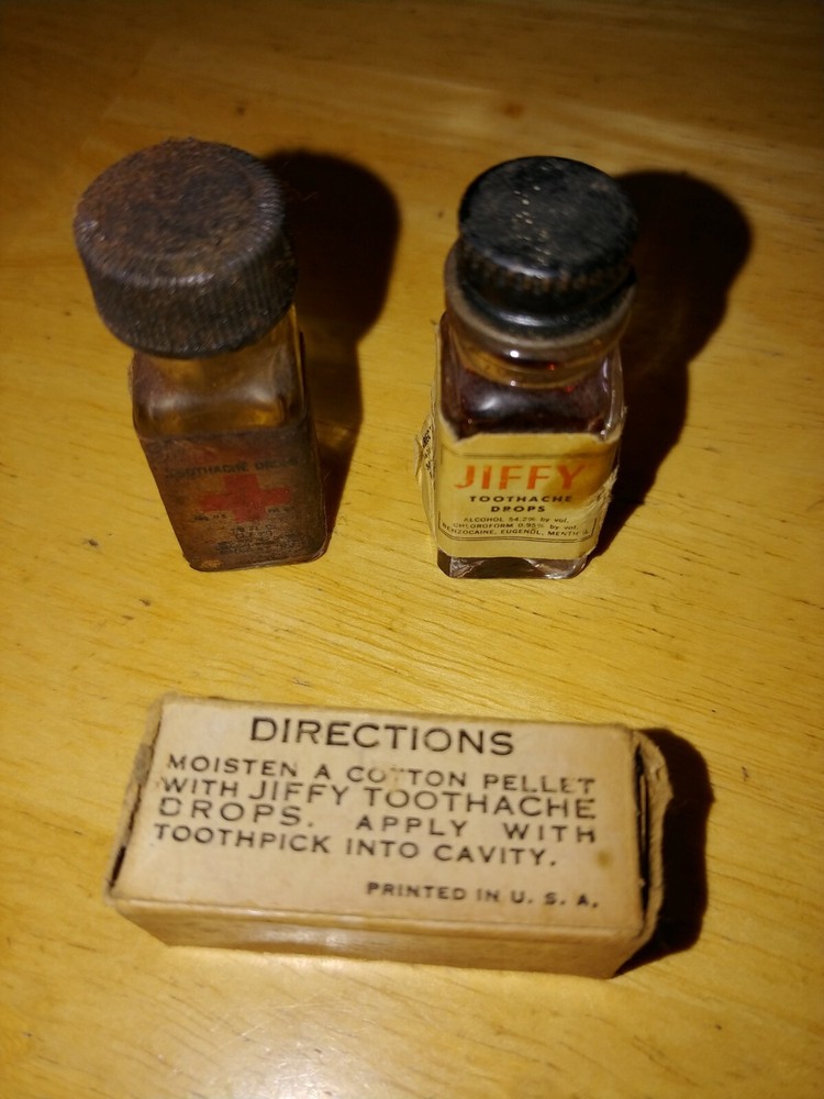 VINTAGE LOT OF JIFFY TOOTHACHE DROPS/RED CROSS DROPS BOTTLE/BOX COTTON PELLETS