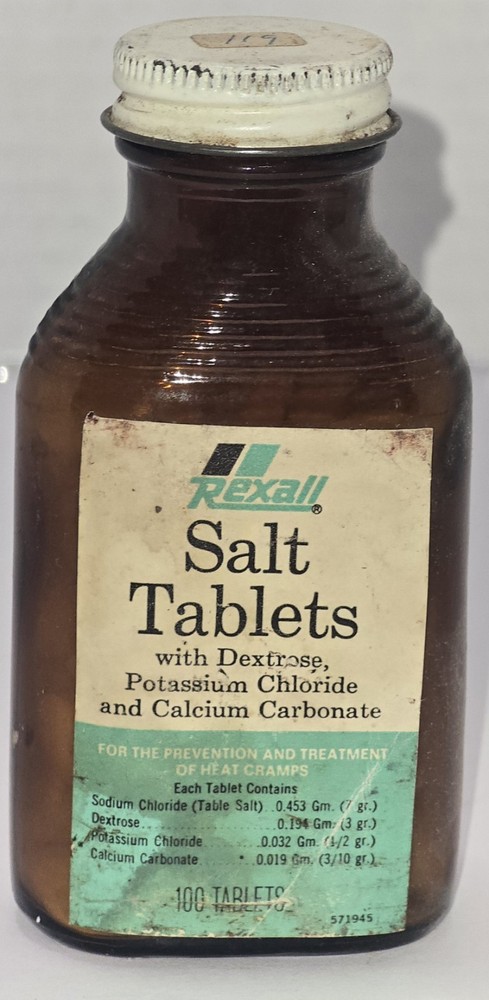 Vintage Rexall Salt Tablets Brown Glass Bottle With Metal Cap
