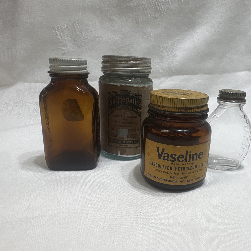 Vintage Medicine Bottle Vaseline Jar + Sal Hepatica, Anacin, Bayer Bottles Lot 4